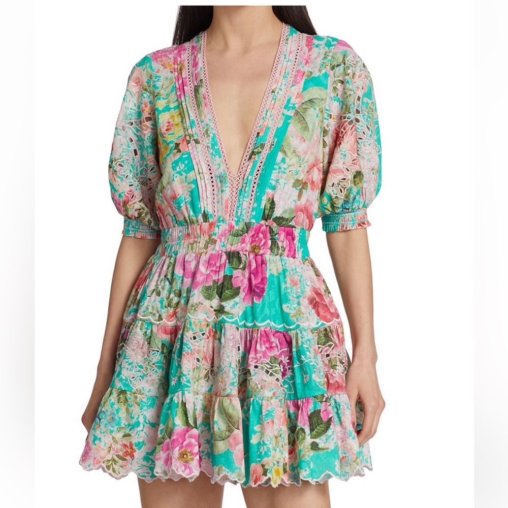Hemant and Nandita Floral Cotton Puff-Sleeve Minidress- Green